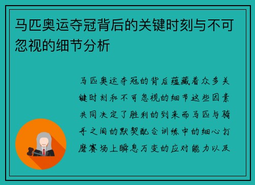 马匹奥运夺冠背后的关键时刻与不可忽视的细节分析
