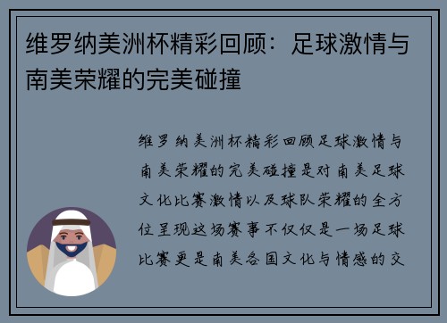 维罗纳美洲杯精彩回顾：足球激情与南美荣耀的完美碰撞